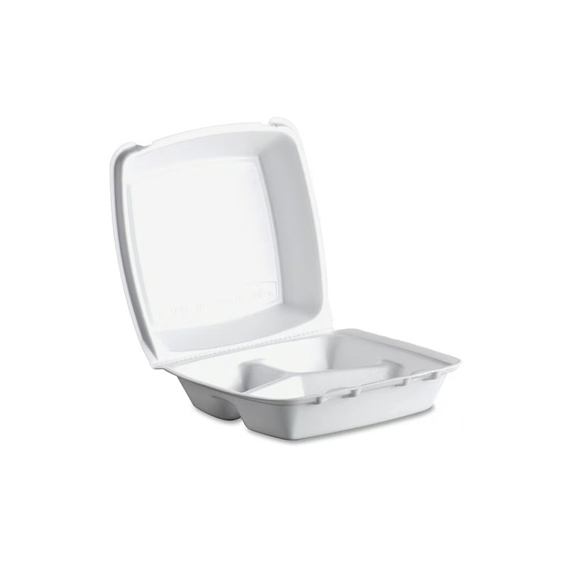 HINGED BAGASSE CONTAINER ~ 8 INCH 3 COMPARTMENT [85HT3]