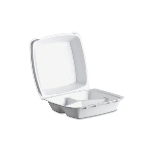 HINGED BAGASSE CONTAINER ~ 8 INCH 3 COMPARTMENT [85HT3]